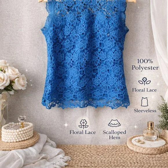 Nanette Lepore Romantic Lace Moment Blue Floral Lace Top Women’s M Sleeveless - Picture 2 of 8